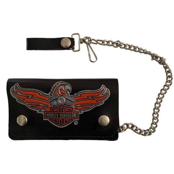 VTG Harley Davidson Black Leather Chain Wallet Bar and Shield Eagle Licensed USA - Picture 1 of 14